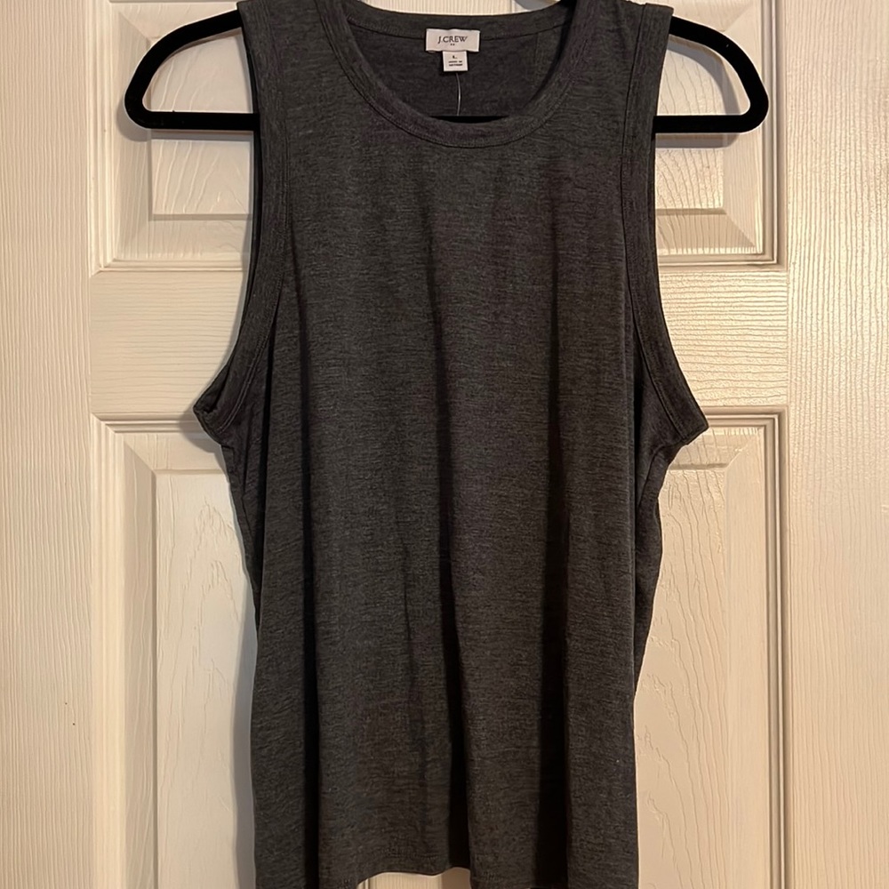 J. Crew gray tank top with slit in the back and tie at the bottom.